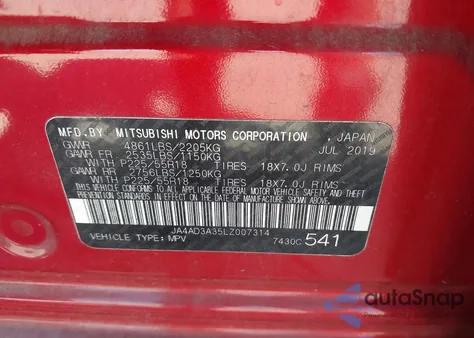 2020 Mitsubishi Outlander Sp 2.4 из США, поврежденный, VIN JA4AD3A35LZ007314